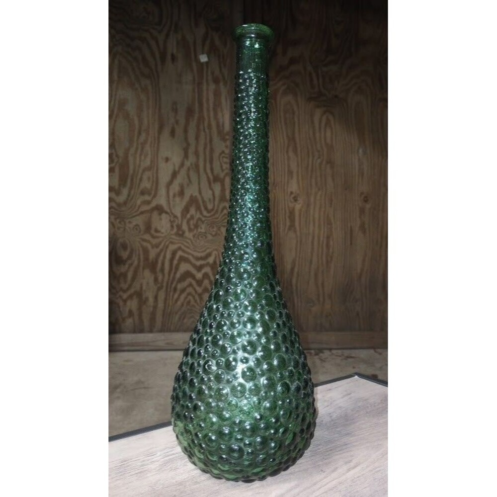 Vintage 1950s Midcentury Empoli Bubble Hobnail Green Glass Bottle Vase 15.5"